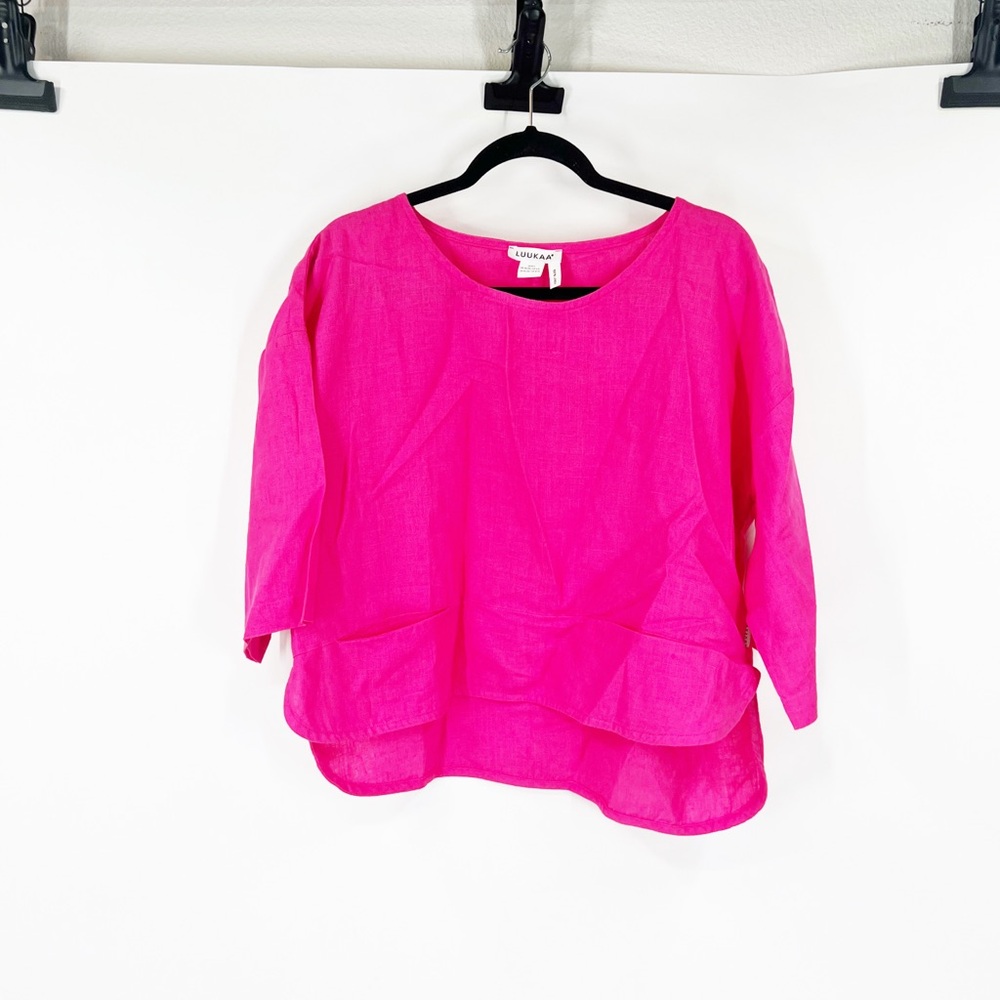 Luukaa 100% Linen 3/4 Sleeve Top in Pink